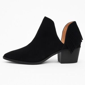 Boho Western Chic Black Faux Suede Fringe Slip On Ankle Booties Boots Size 9